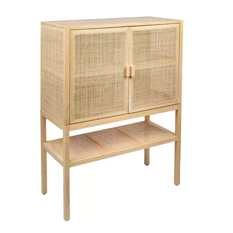Storied Home Woven 47" Tall Decorative Storage Cabinet Natural: Rattan & Pine, 2-Door with Shelf