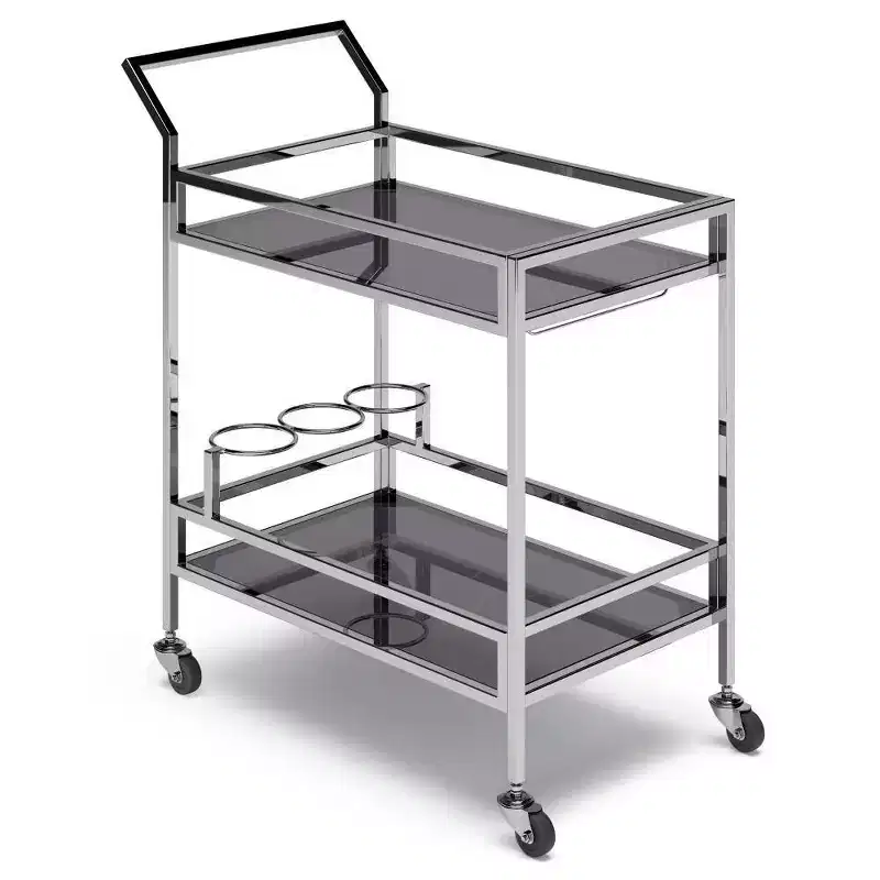 WyndenHall Snell Bar Cart Chrome: Modern Glass & Steel, Fixed Shelf, Indoor Use, 100 lbs Capacity