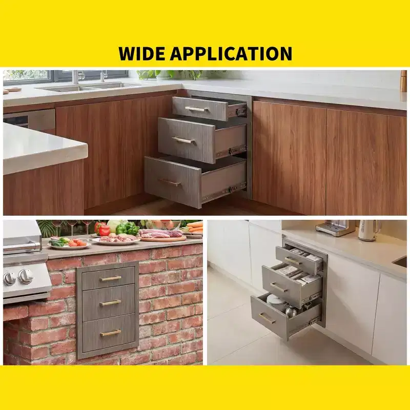Triple Stainless Steel Outdoor Kitchen Drawer Cabinet  Durable Flush Mount Storage with Handles  Weatherproof for Patio BBQ Island Grill