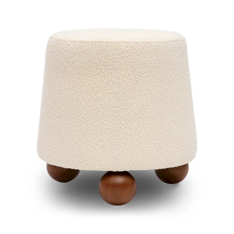 Boucle Upholstered Stool with Solid Wood Legs