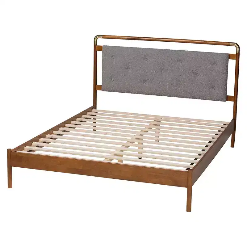 Queen Size Boucle Fabric and Wood Platform Bed Light Gray/Walnut Brown