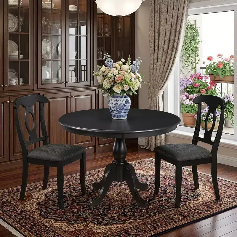 HomeRoots 42 Black Rounded Solid Manufactured Wood And Solid Wood Pedestal Base Dining Table