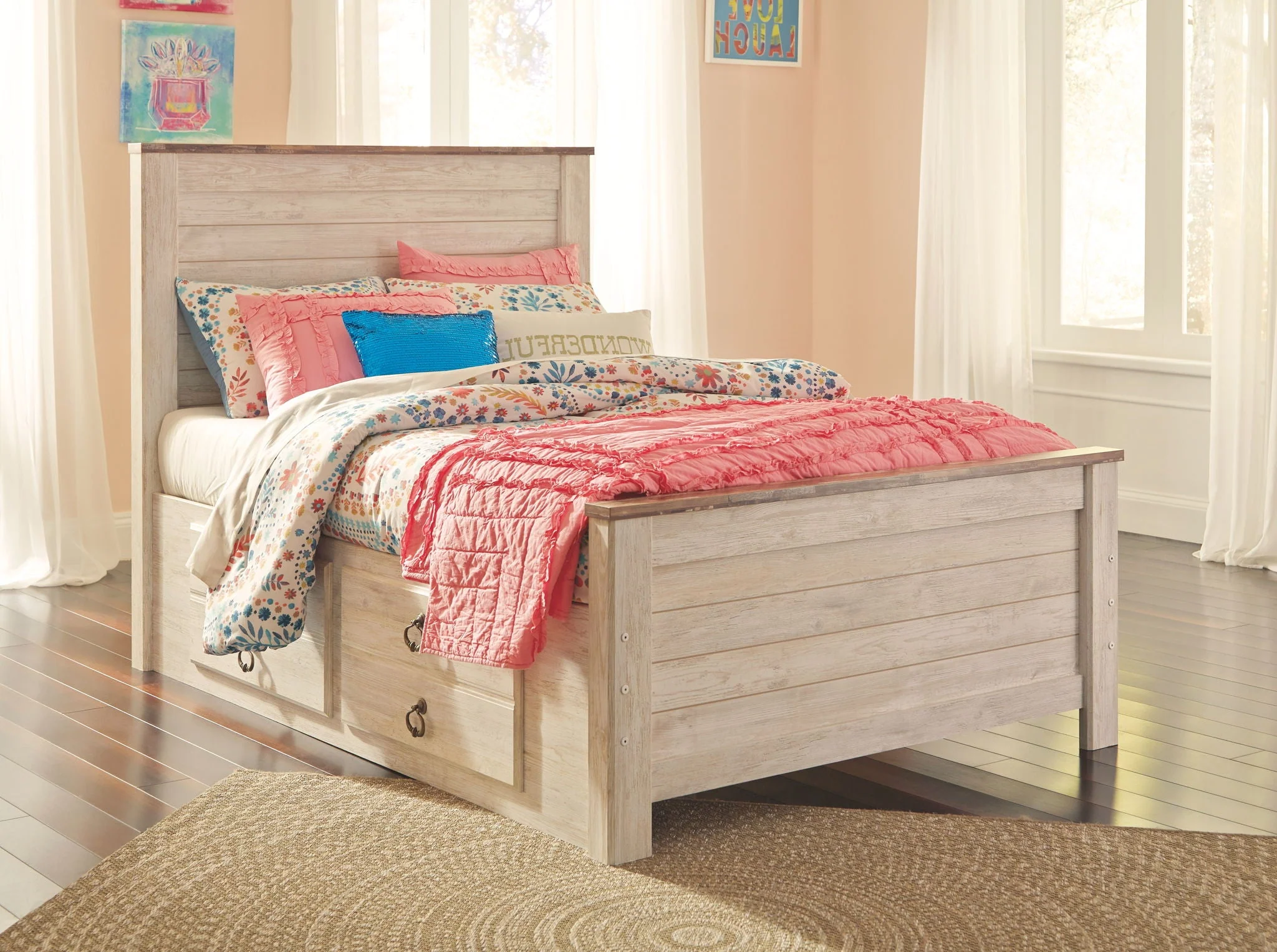 Panel Bed — Two-tone finish in replicated worn through paint with authentic touch and a replicated wood grained block pattern with