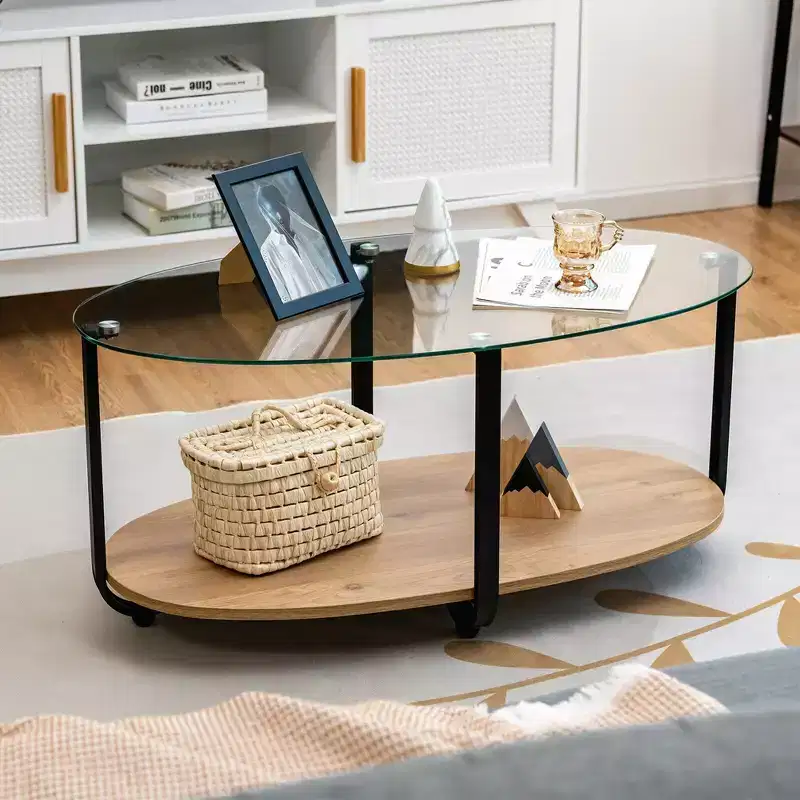 Glass-Top Coffee Table 2-Tier Modern Oval Side Sofa Table w/ Storage Shelf