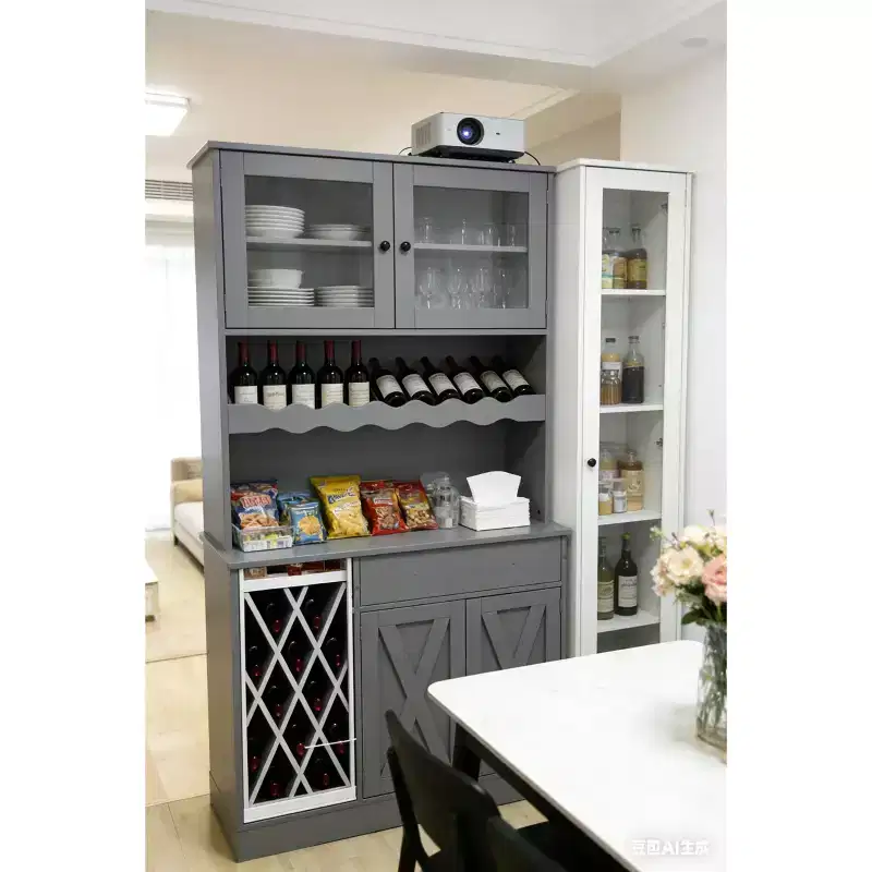 MDF Wine Cabinet with Acrylic Double Doors, Upper Tier Display for Dining Room Bar