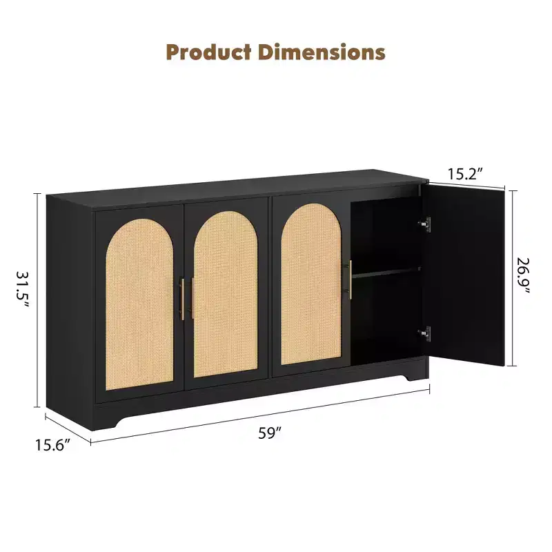 Sideboard Buffet Cabinet - Large Credenza Storage with 4 Rattan Doors, Modern Console Table Accent Coffee Bar Cabinet for Living Room,Kitchen,Hallway