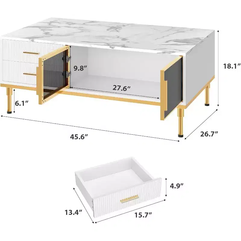 Large Modern Coffee Table with Faux Marble Top, 4 Drawers, Glass Door Storage and Fluted Panel Design