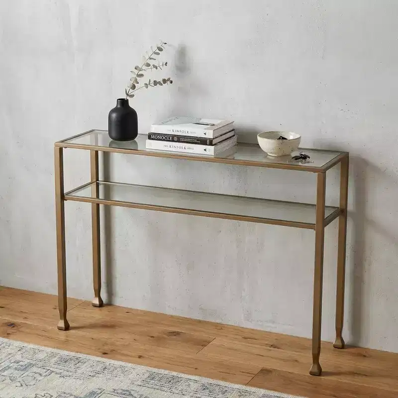 HomeRoots 43 Clear and Gold Glass Console Table With Shelves