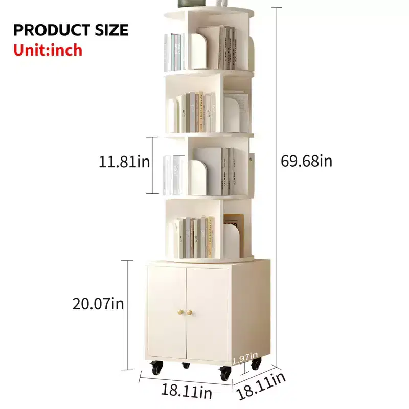 Rotating Bookshelf, 360 Degree Display 5 Tier Corner Bookshelf with Drawer for Small Space, Floor Standing Bookcase Storage Rack Organizer for Bedroom