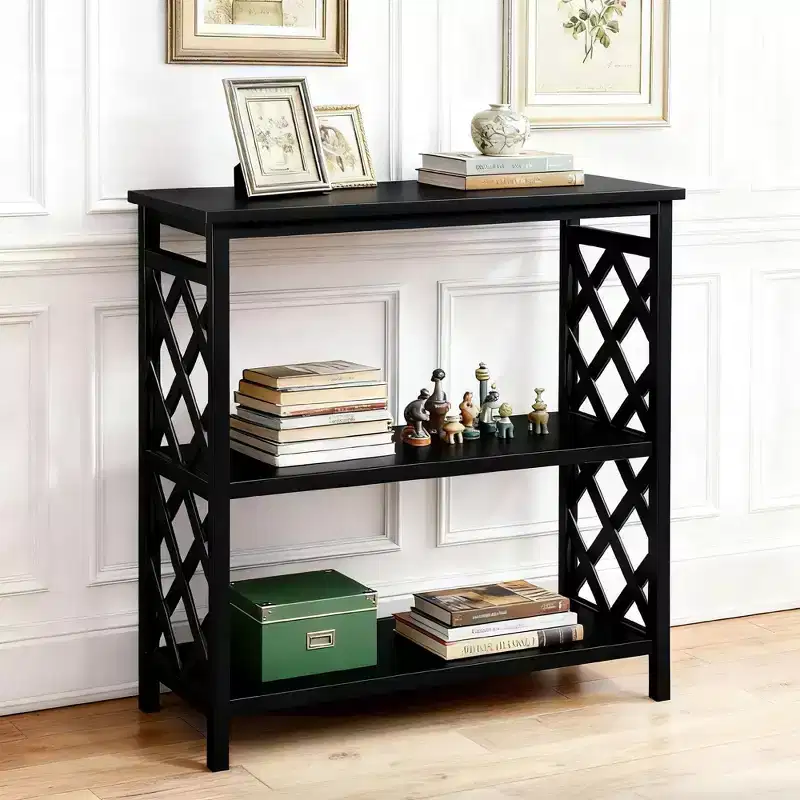 Console Table 3-Tier with Storage Shelves, Solid Wood Legs for Hallway and Living Room, Black