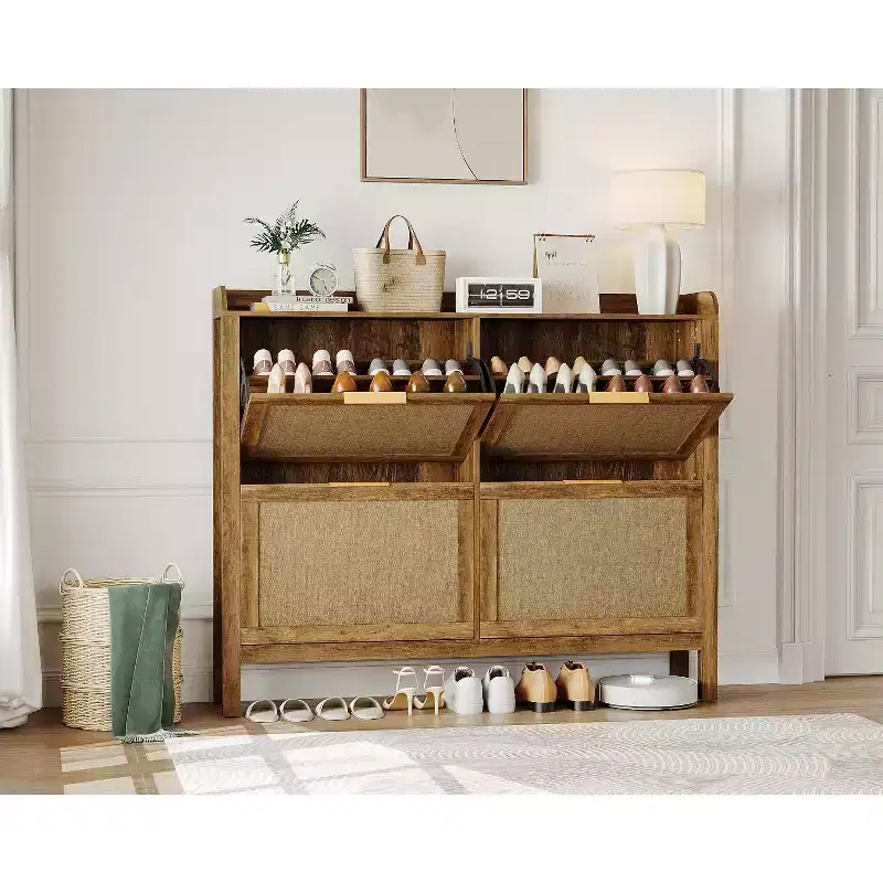 Farmhouse-style rattan shoe cabinet, 47-inch shoe rack with 4 flip-top drawers, freestanding narrow shoe rack with concealed gold handles and shelves