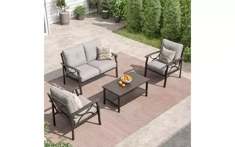 Heynemo Outdoor Patio Furniture Set, 4 Piece Patio Conversation Set with Coffee Table, Metal Furniture Set for Porch Backyard Garden, Coffee