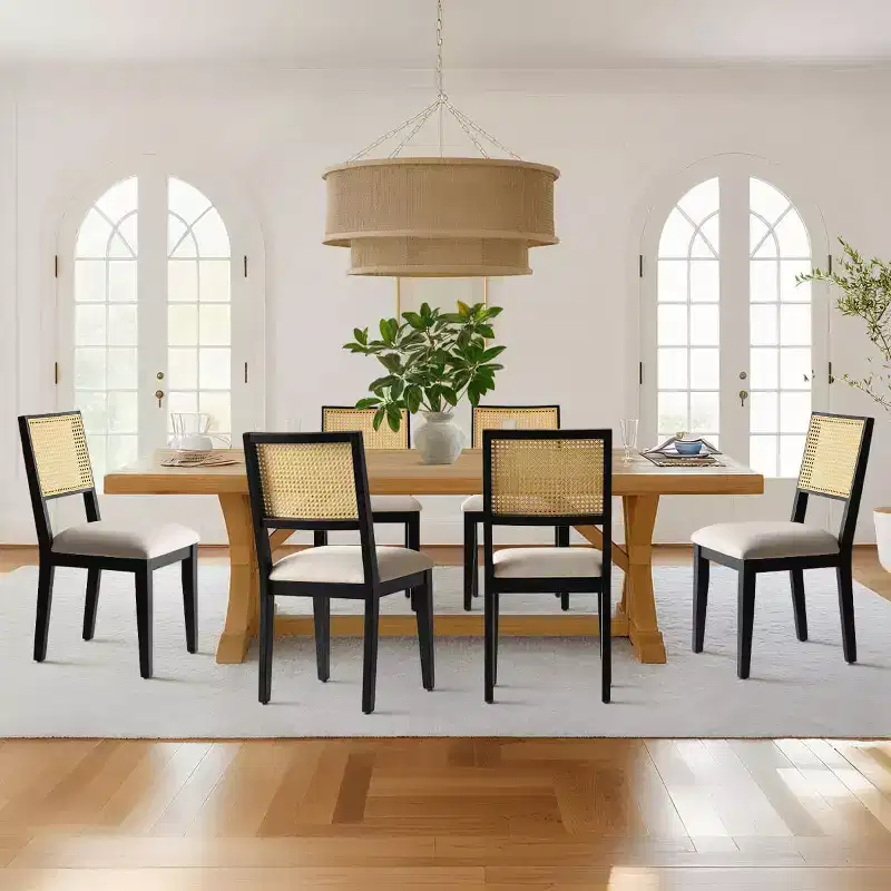 Set of 6 Wood Dining Chairs with Woven Rattan Back and Upholstered Seat, Side Chairs for Kitchen, Dining Room, or Breakfast Nook-Panipeachy