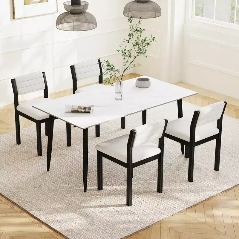 Costway Dining Chair Set of 4 Faux Shearling Upholstered Kitchen Chairs w/ Wood Frame White