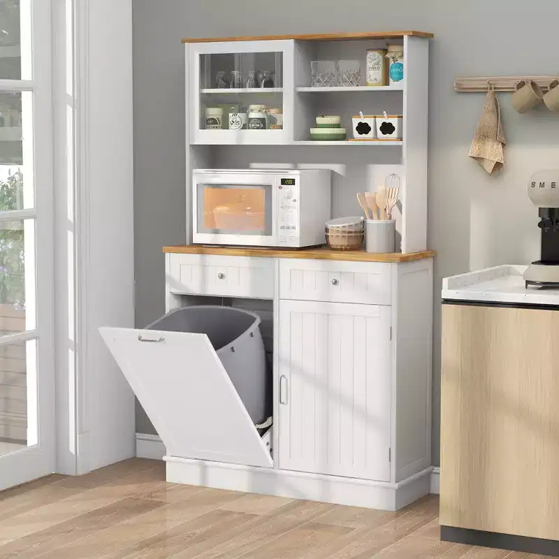 Costway Double Tilt Out Trash Cabinet w/ Hutch Kitchen Pantry Storage Cabinet White