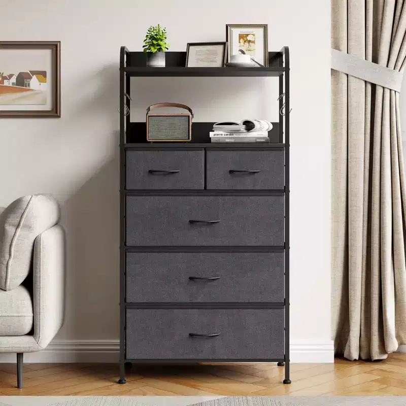 5 Drawer Dresser for Bedroom, Storage Organizer with Fabric Bins, Wood Top, Sturdy Steel Frame, Easy Pull Handle