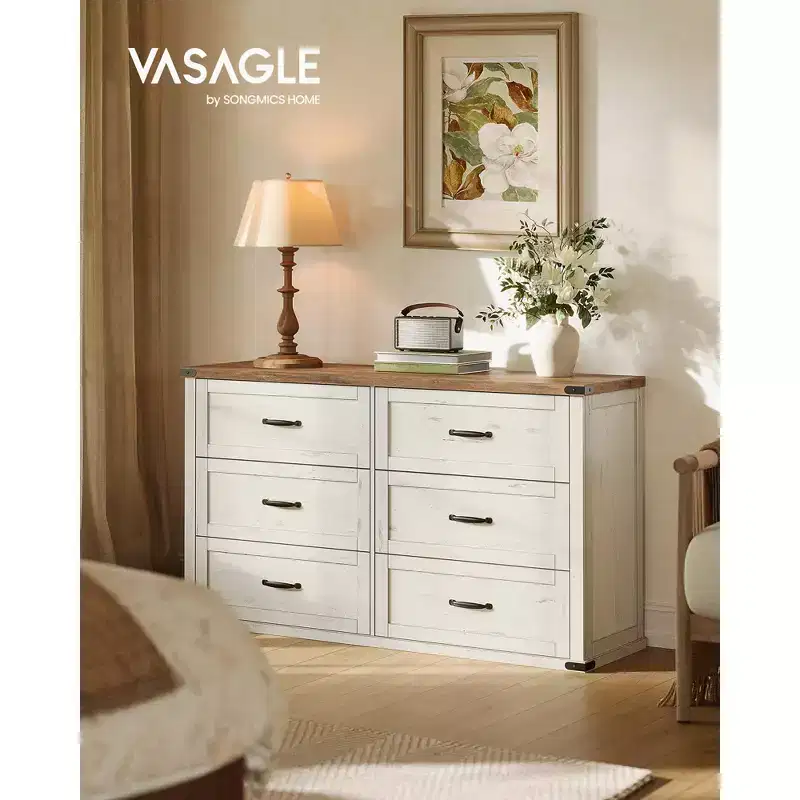 6-Drawer Dresser, 54-Inch Wide Modern Farmhouse Chest of Drawers with Metal Handles, TV Stand, Anti-Tipping
