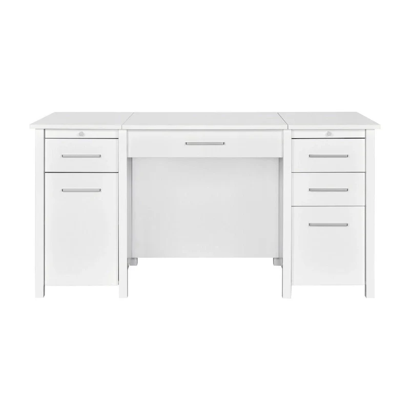 Wim 60 Inch Lift Top Office Desk, 4 Drawers, 2 Pull Out Trays, Glossy White