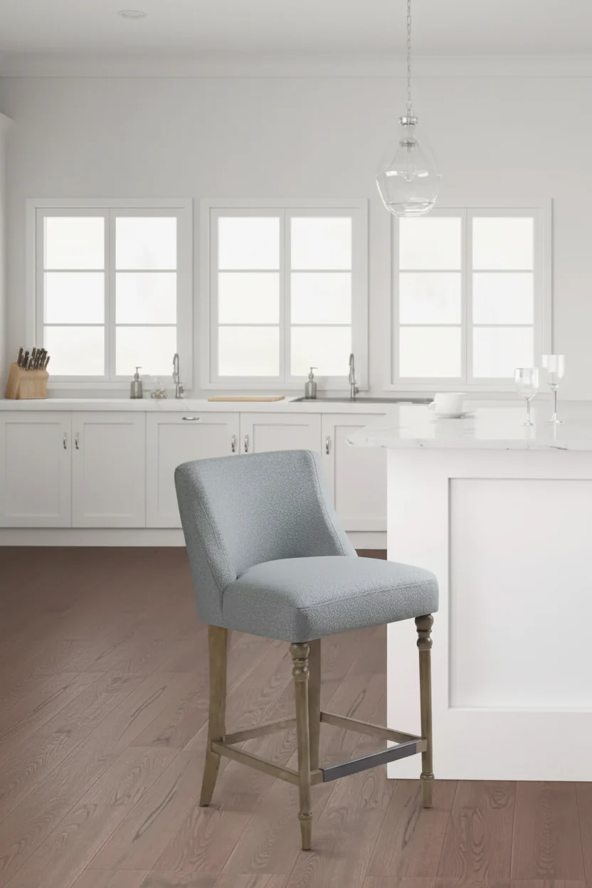 25 in Upholstered Counter Height Barstool, Square Seat with Wood Legs, Blue Polyester Fabric