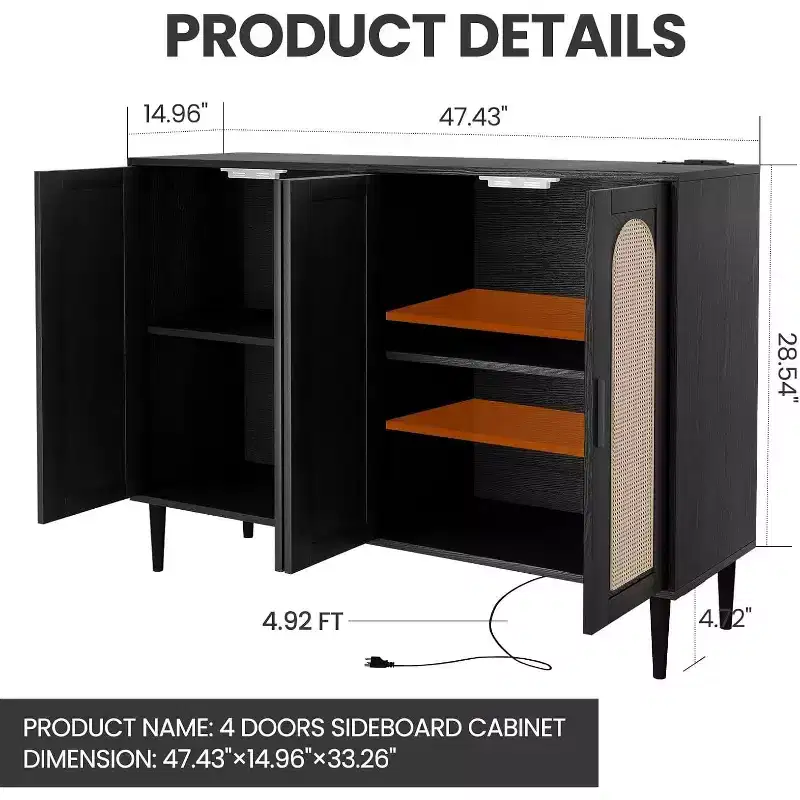 Rattan Storage Cabinet w/ Charging & Coffee Bar - 4-Door Boho Sideboard (Adjustable Shelves)Multi-Functional Boho Cupboard for Entryway/Dining