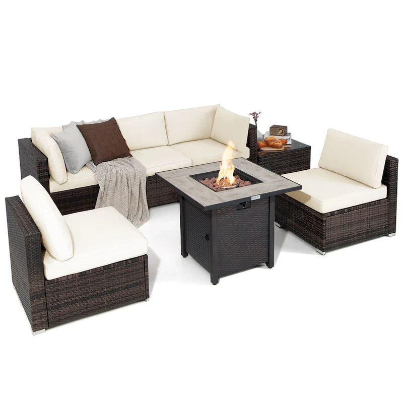 Costway 7PCS Patio Rattan Furniture Set 30 Fire Pit Table Cover - See Details
