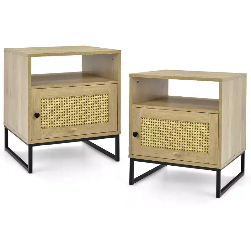 2PCS Nightstand with Cabinet, Wooden Side End Table with Rattan Decorated Door, Oak