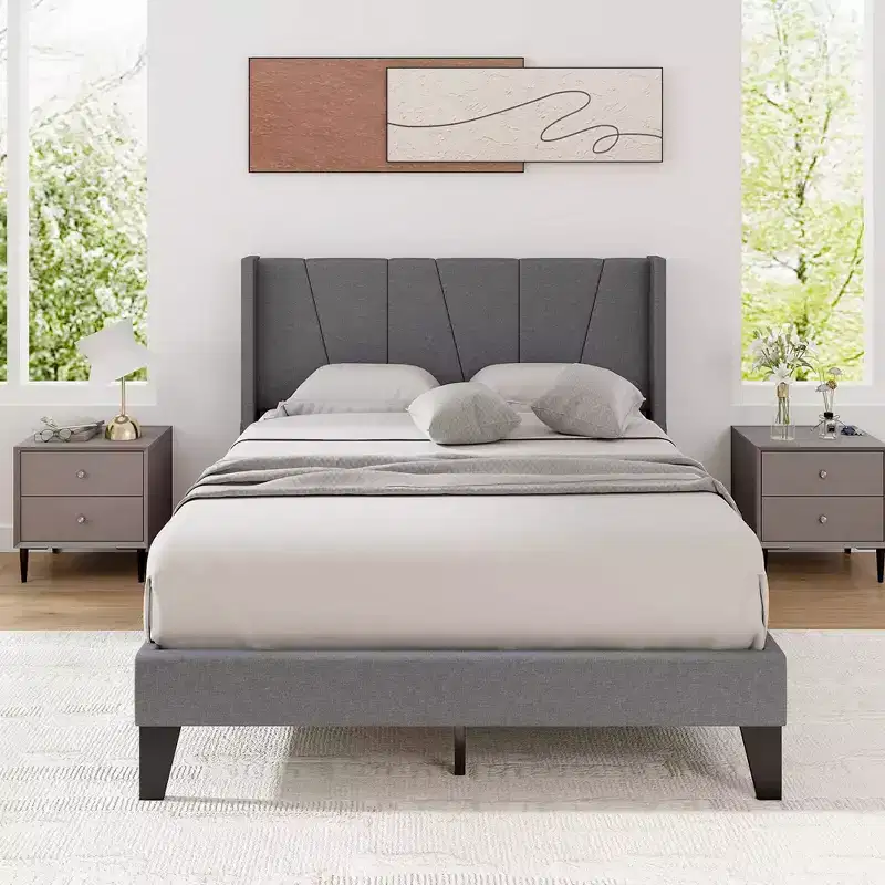 Full Size Upholstered Bed Frame with Elastic Pockets – Gray