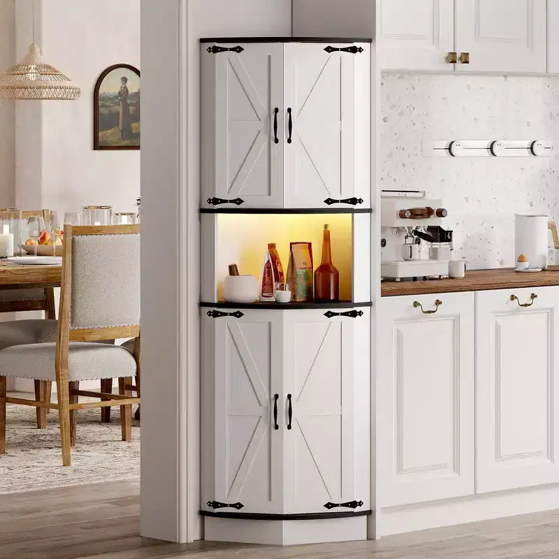 64.6 Farmhouse Style Corner Cabinet with Light, 4 Barn Doors & 5 Tier Shelves,Freestanding Bathroom, Kitchen, Living Room or Bar Storage Solution