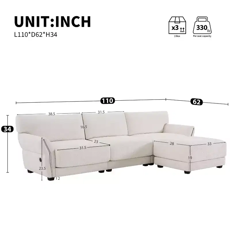 L-Shaped Sectional Sofa Set with Ottoman, 3-Seat Chenille Couch with Extra-Wide Seat and USB, 110