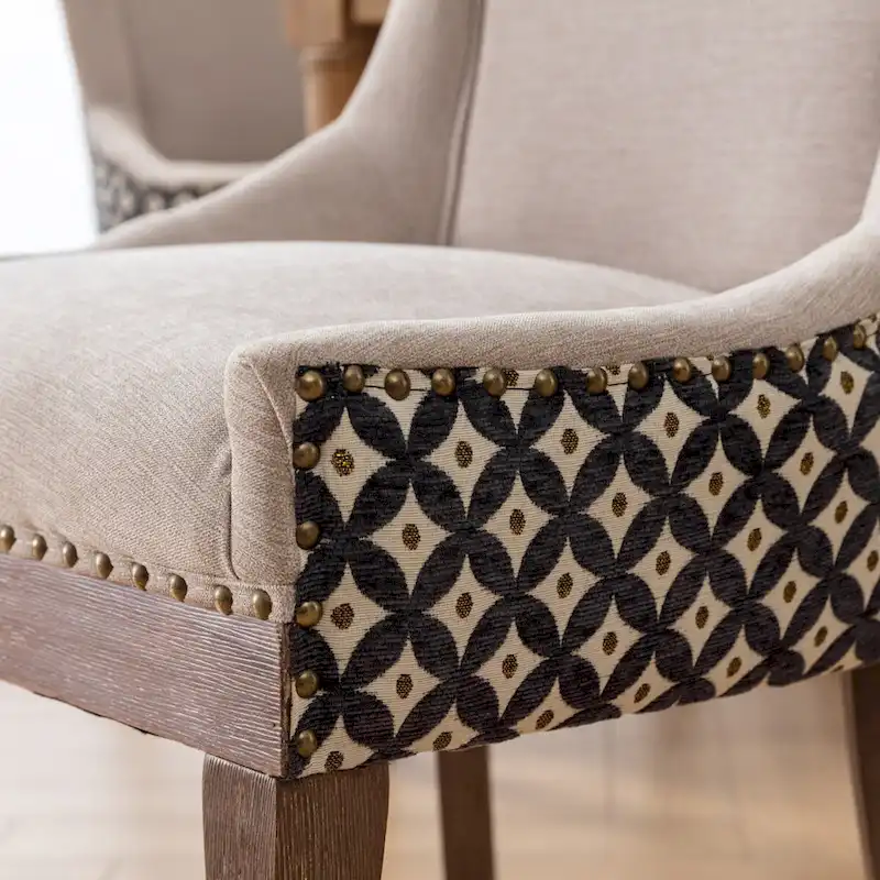 Ultra Side Dining Chair, Thickened fabric chairs with neutrally toned solid wood legs, Bronze nail head, Set of 2
