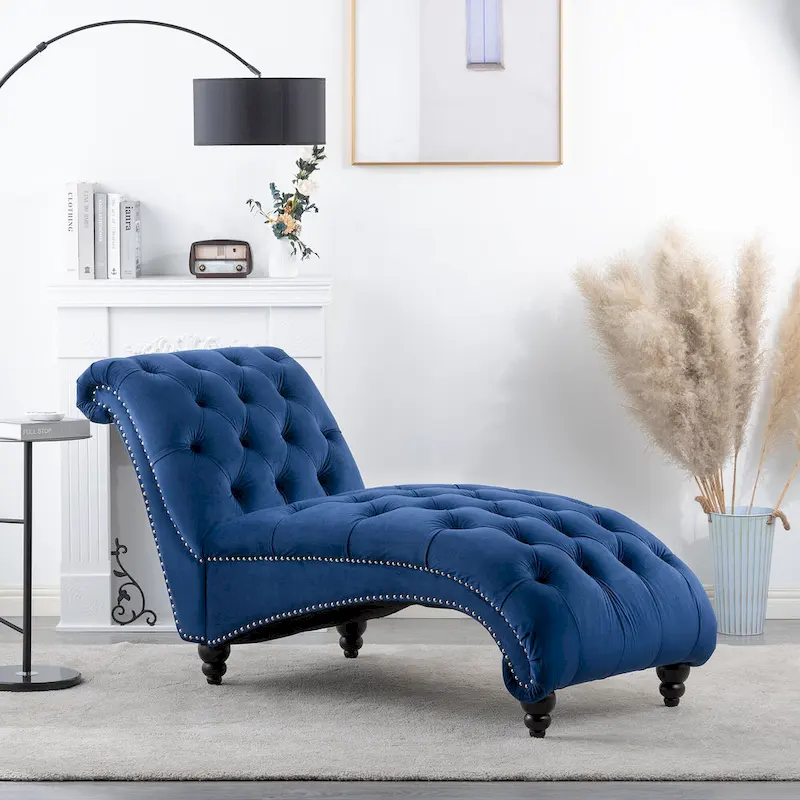 Blue 27.17 Buttons Tufted Chaise Lounge Chair with Nailheads