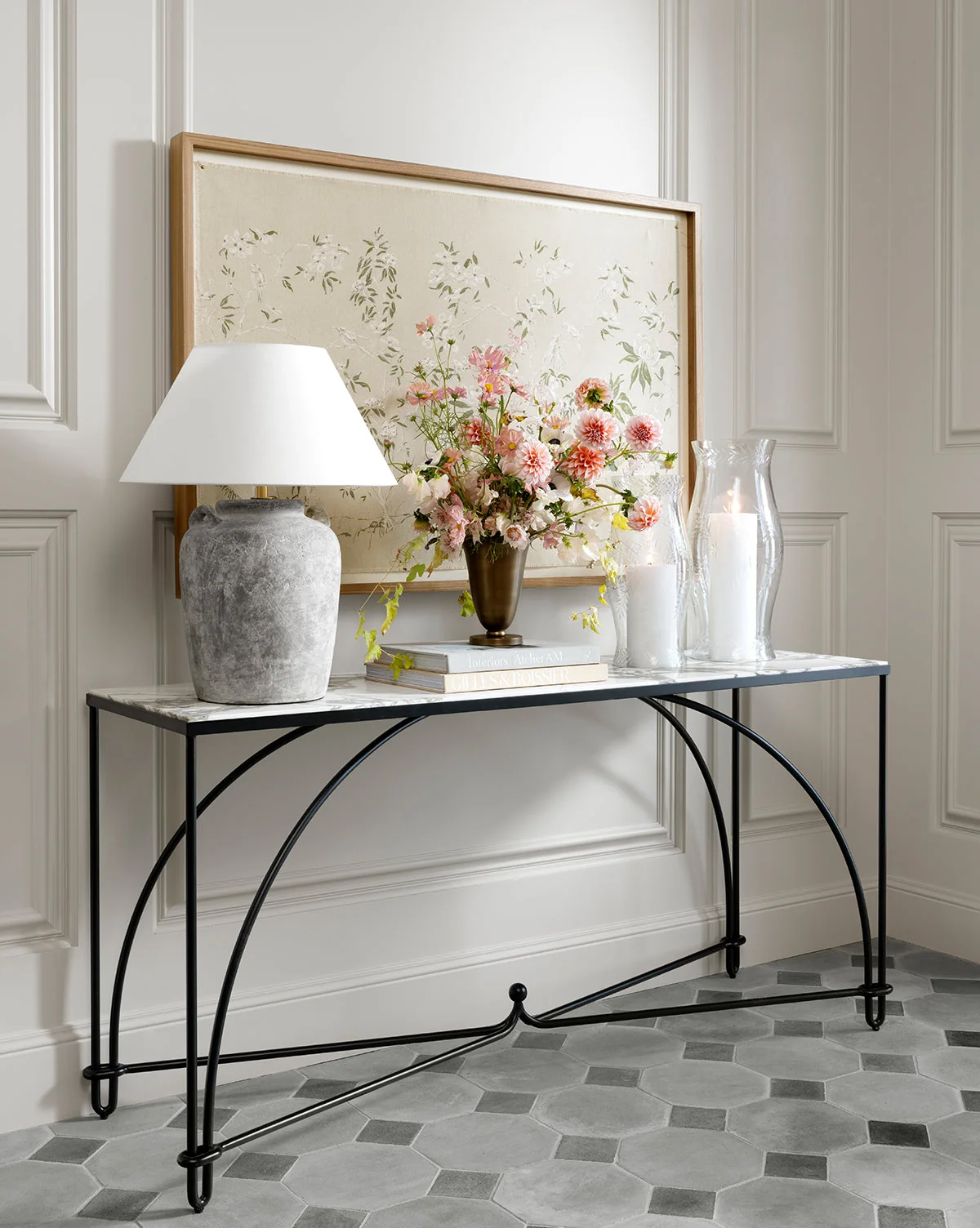 Modern Iron & Stone Console Table with Sculptural Arched Frame for Living Room
