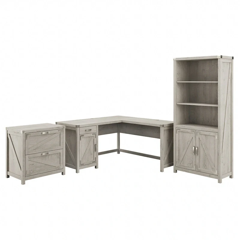 60W L-Desk with File Cabinet and Bookcase