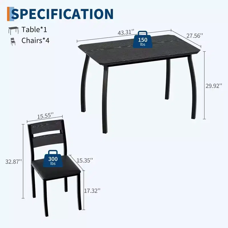 5 Piece Dining Table for 4, Modern Kitchen Table with Upholstered Chairs & Iron Frame, Wood Dining Room Furniture for Small Spaces