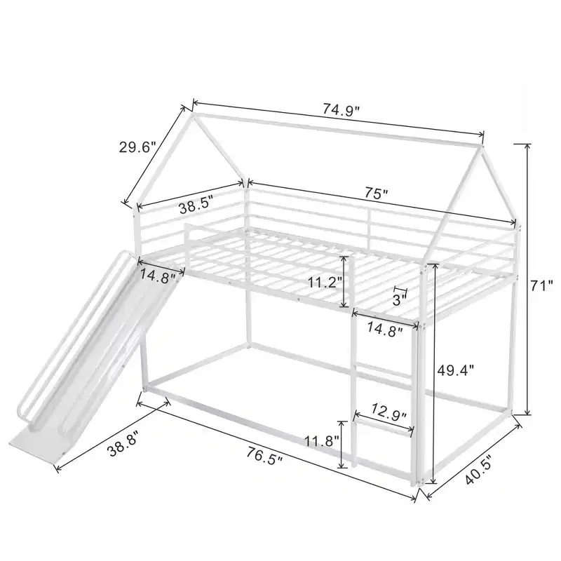 Twin over Twin Metal House Bunk Bed with Convertible Slide and Ladder