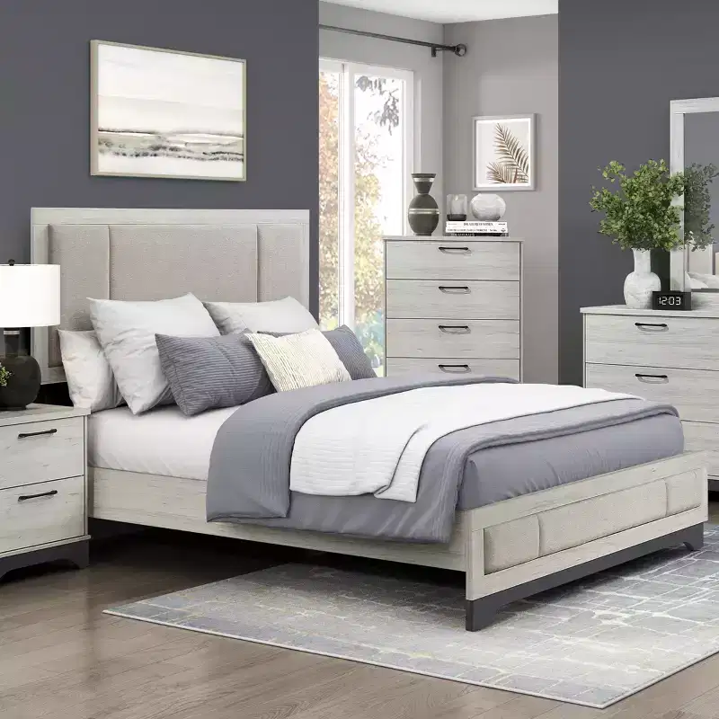 Contemporary Wood Platform Bed with Upholstered Headboard, Two-Tone White Oak and Gray