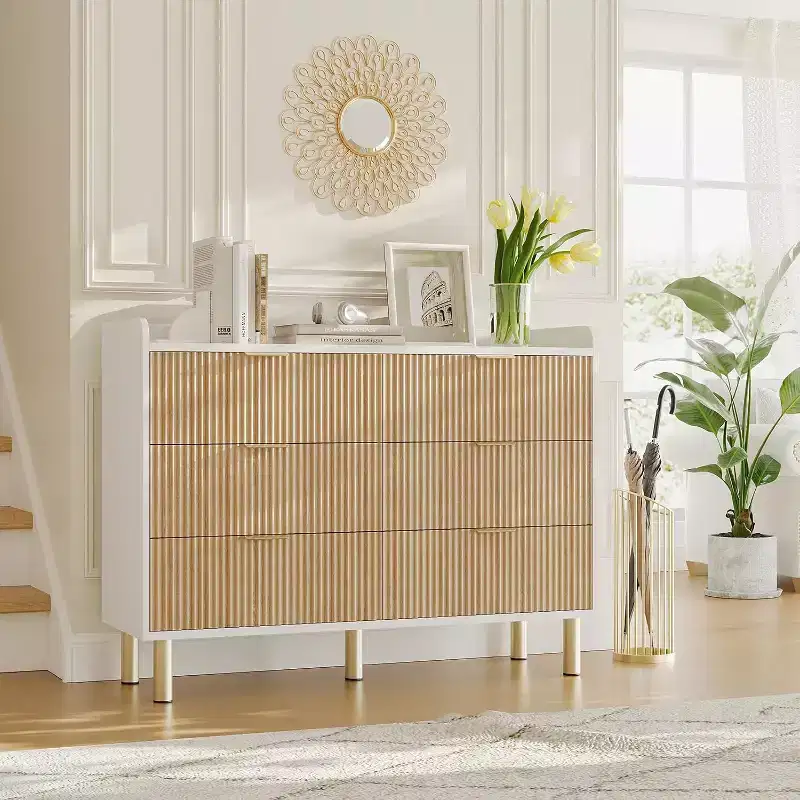 Garvee 6-Drawer Dresser, 47.2 Fluted Wood Double Dresser with Metal Handles Curved Design Wide Storage Organizer Cabinet,Natural Oak+White