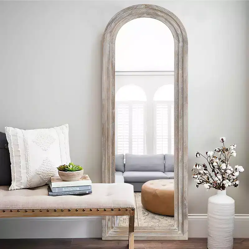 21 in. W x 64 in. H Classic Arched Solid Wood Framed Leaning Mirror in Weathered White