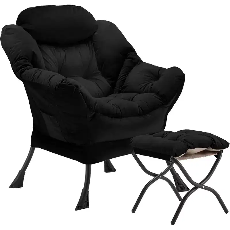 Velvet Accent Chair with Folding Ottoman & Side Storage Bag, Metal Frame, Black, 330lb
