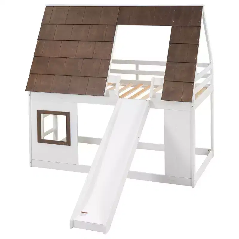 Bunk Bed Frame with Roof, Window, Guardrails & Built-in Ladder(Upgraded) - White & Brown