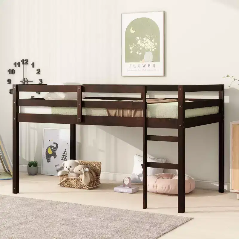 Twin High Loft Bed with Integrated Desk & Safety Guardrail, Solid Rubberwood, Grey