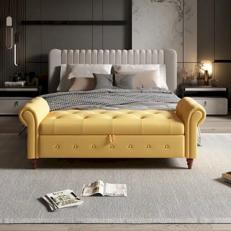 63 in. L Yellow Fabric Bed Storage Bench