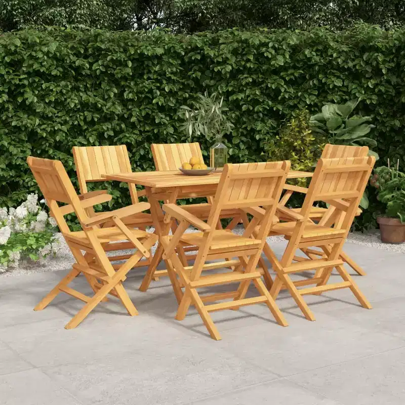vidaXL Solid Teak Wood Patio Dining Set - 7-Piece Rectangular Table & Folding Chairs Collection with Parasol Hole for Outdoor/Deck/Garden