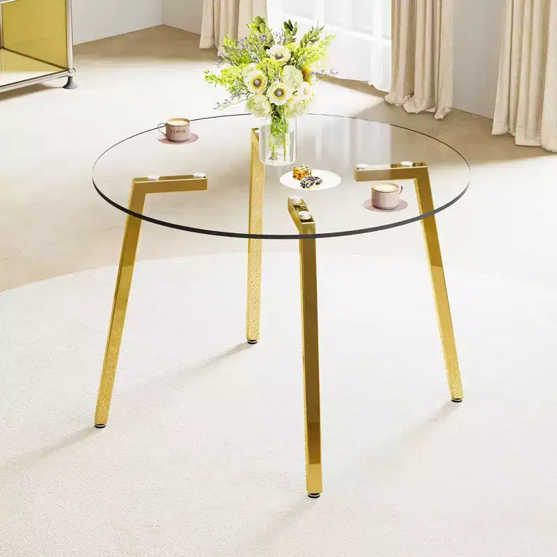 42 Inch Round Tempered Glass Dining Table with Gold Pedestal Base