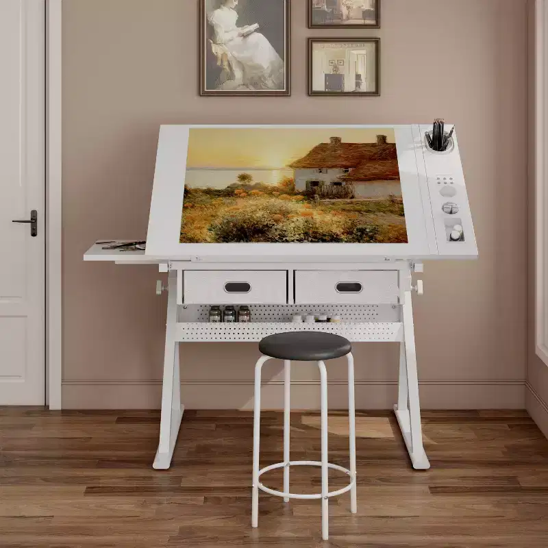 JVNOXK Adjustable drawing drafting table desk with 2 drawers for home office and school with stool (all white)