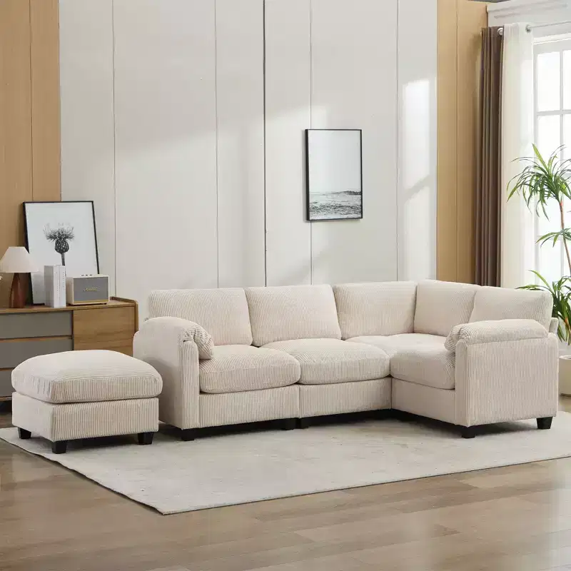 Corduroy Modular Sectional Sofa with Movable Ottoman, U-Shape Upholstered Comfy Couch with Two-Layer Seat Cushion for Living Room