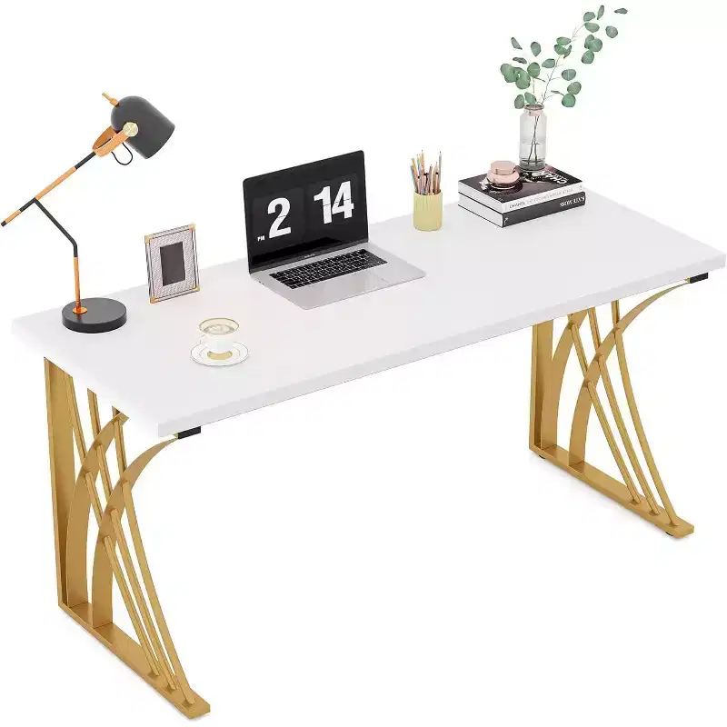 Lantine 55-Inch Large Modern Computer Desk, White & Gold Luxury Laptop PC and Makeup Vanity Table with Thick Frame for Home and Office