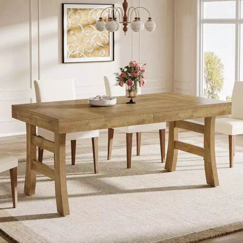 63Dining Table for 4-6 People, Rectangular Large Kitchen Dinner Eating Table with Sturdy Legs for Kitchen, Dining Room, Light Brown