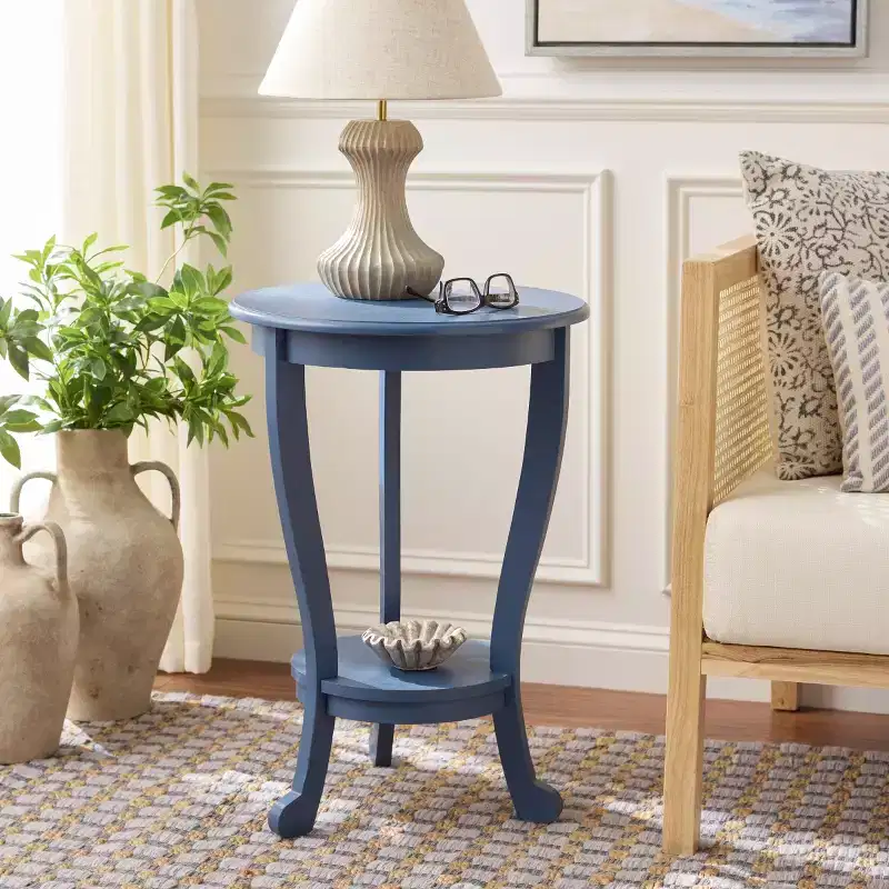 Round Pedestal Side Table with Lower Shelf, Vintage Grey Pine, Traditional Style