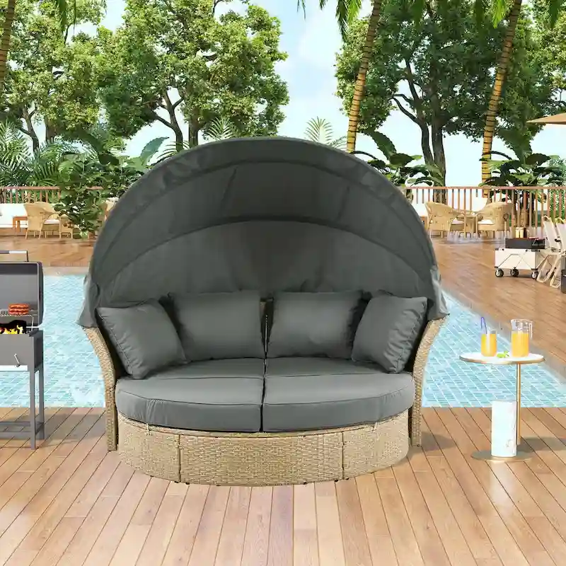 Outdoor Wicker Rattan Double Daybed with Retractable Canopy